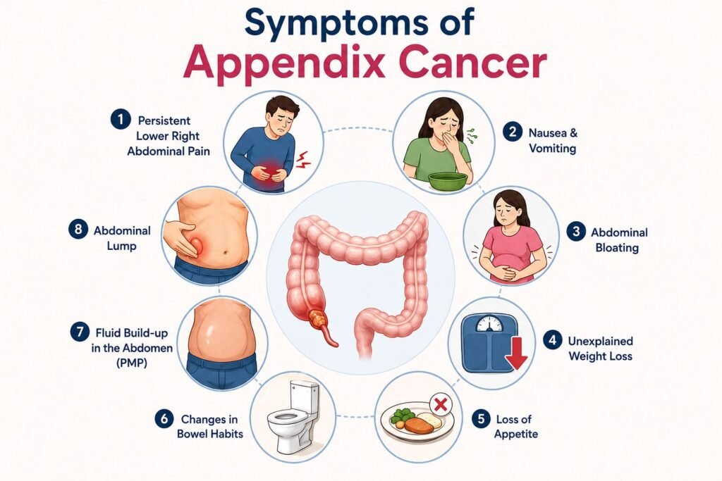 Symptoms of Appendix cancer explained by Dr. Archit Pandit - Persistent pain in the lower right abdomen Abdominal bloating or swelling Changes in bowel habits (constipation or diarrhoea) Nausea and vomiting Unexplained weight loss Loss of appetite Abdominal or pelvic lump Mucus or fluid accumulation in the abdomen (Pseudomyxoma Peritonei)
